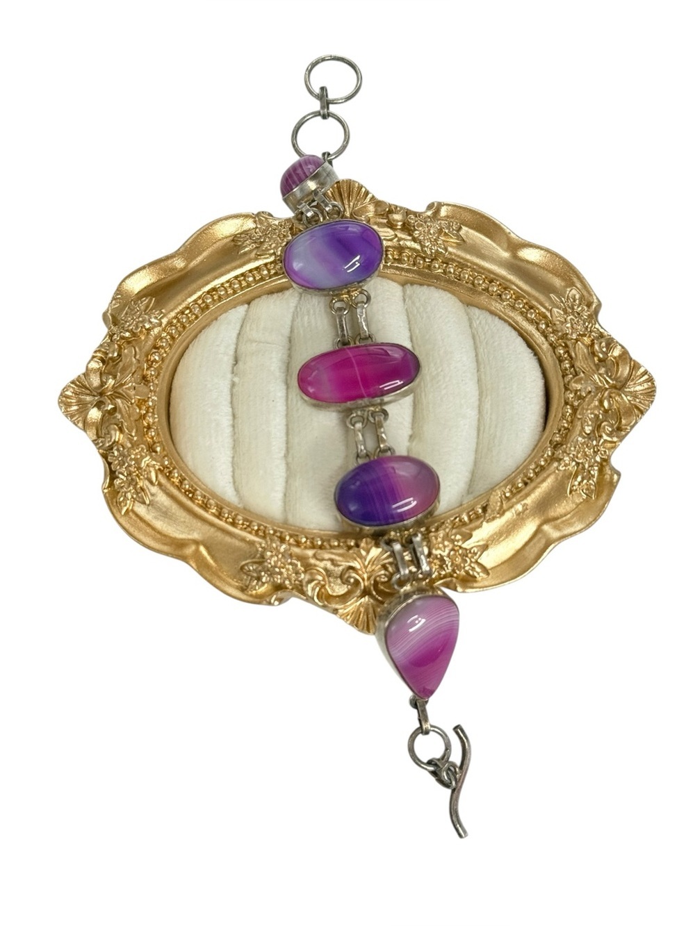 Artisan Agate Slice Bracelet 925 sterling silver purple & pink agate toggle
